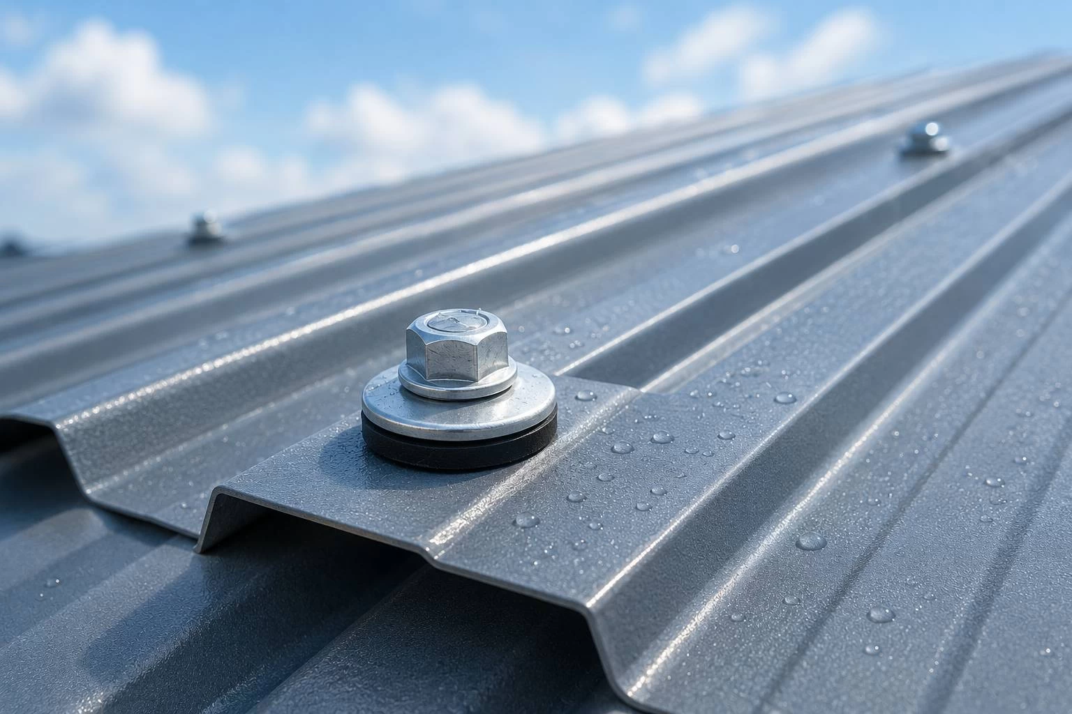 Rubber layer of a bonded sealing washer compressing against a roofing panel during installation