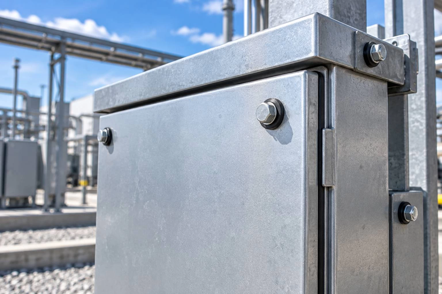 Outdoor industrial enclosure fastened with bonded washers at a utility site